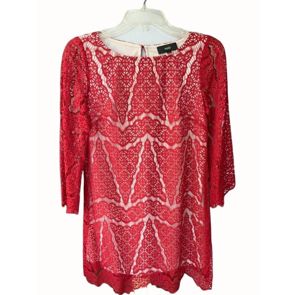 Maia Womens Designer Red Lace Scalloped Edge Shift Dress Lined Crochet NEW 2